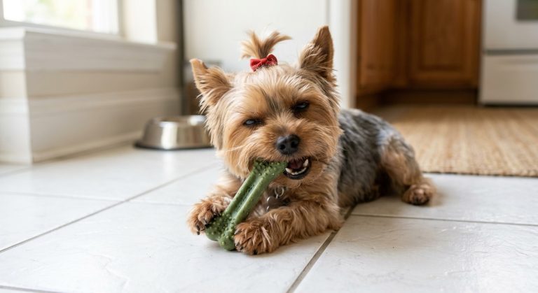Small dog chewing a dental treat to clean teeth