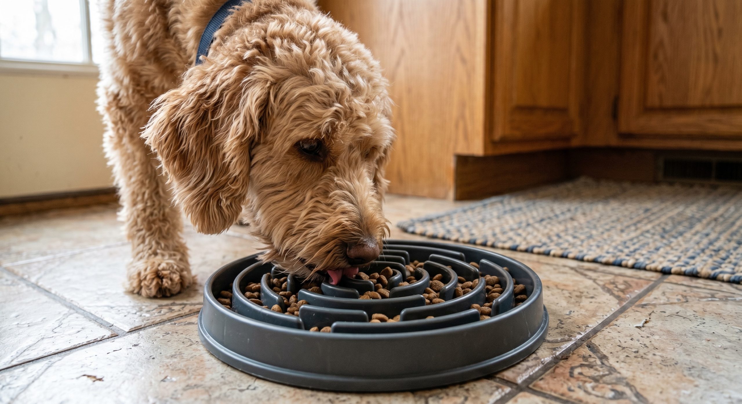Dog eating from a slow feeder bowl to prevent gulping