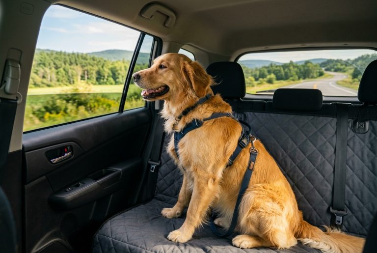 Dog sitting in back seat of SUV on a waterproof dog seat cover