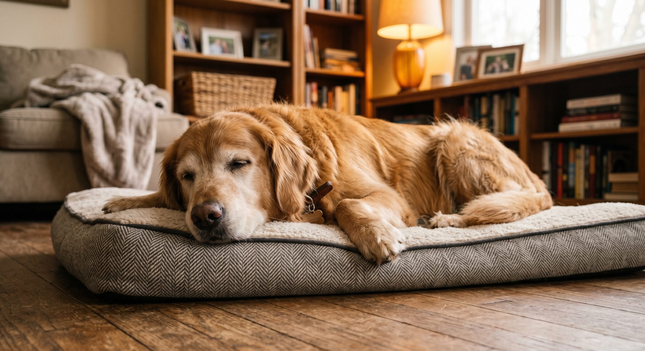 Senior dog resting comfortably after taking joint supplements