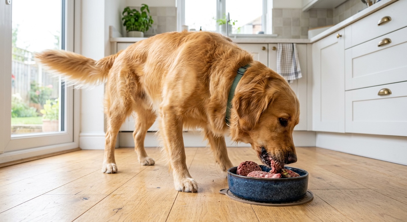 Dog eating We Feed Raw frozen raw food from a bowl