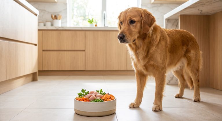 Bowl of fresh dog food with whole ingredients next to a healthy dog