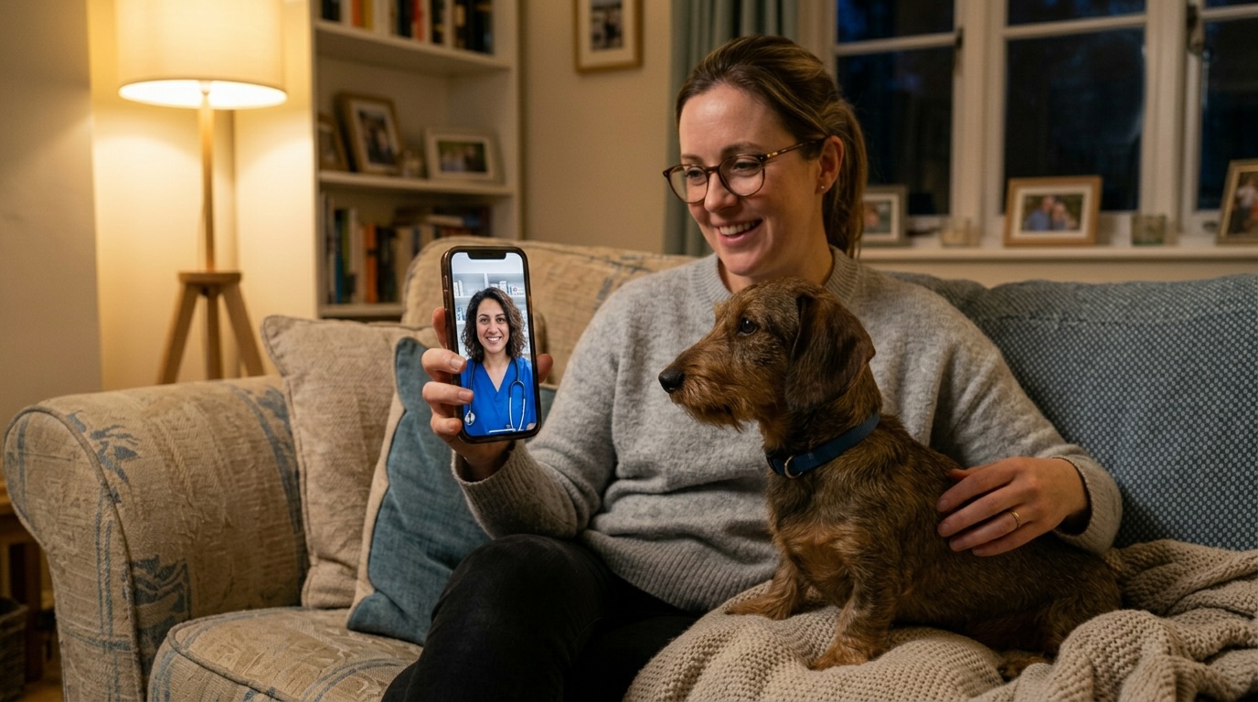 Dog owner using an online vet service on a phone at home with their dog