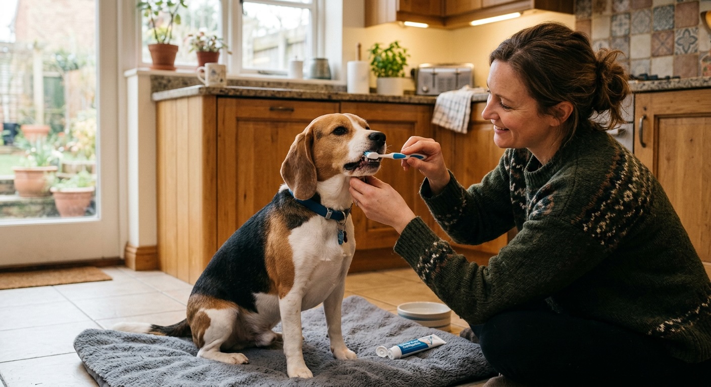 Small dog chewing a dental treat to clean teeth