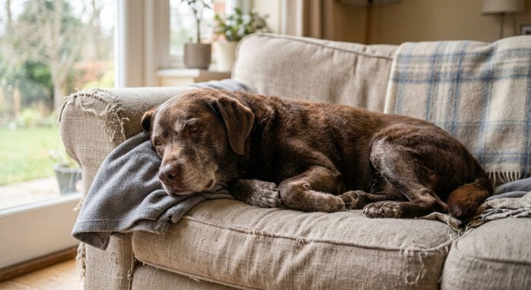 Senior dog showing signs of discomfort lying on a couch