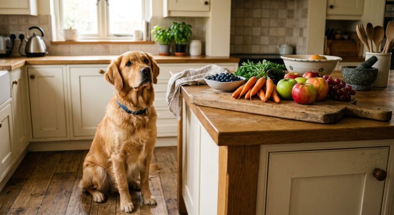 Dog sitting near safe human foods including carrots, apples and blueberries