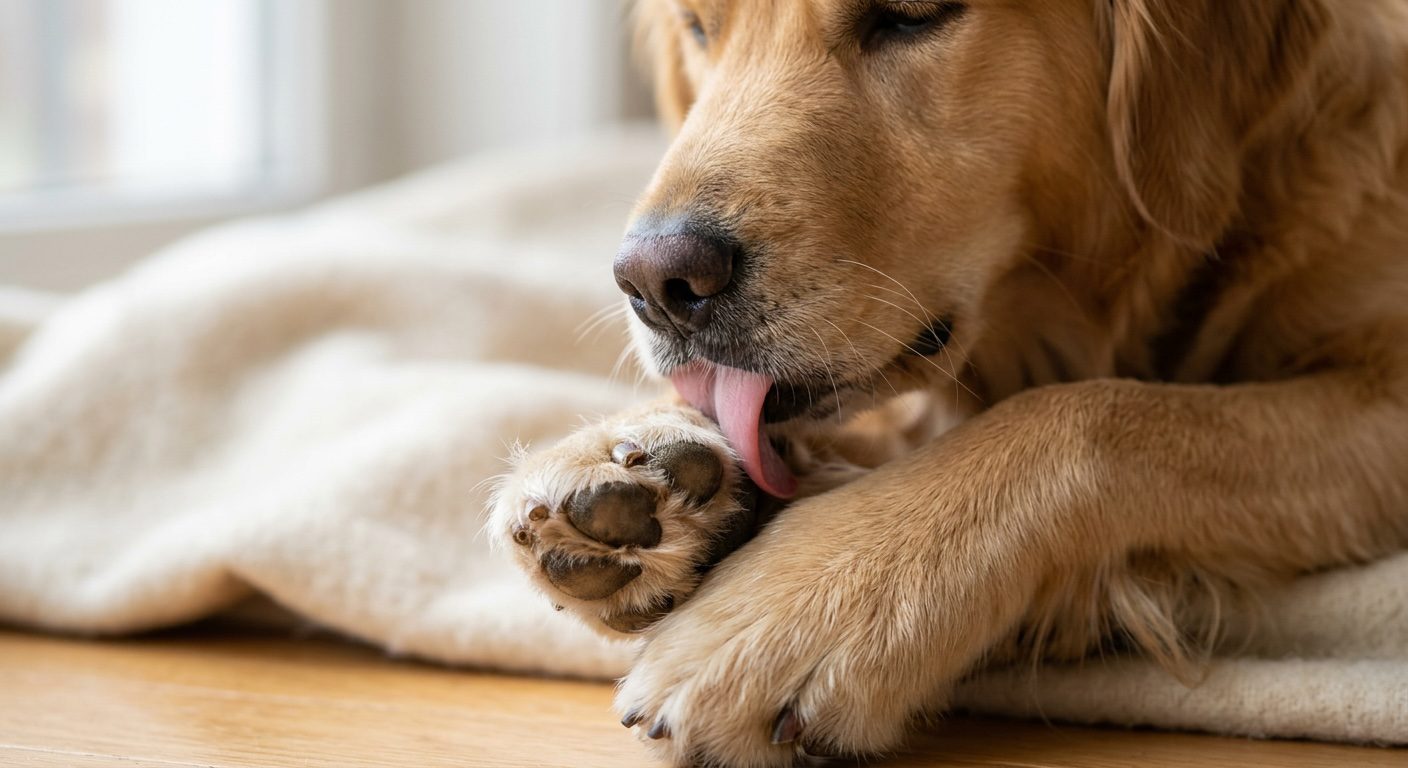 Dog licking its paw, illustrating common causes of paw licking