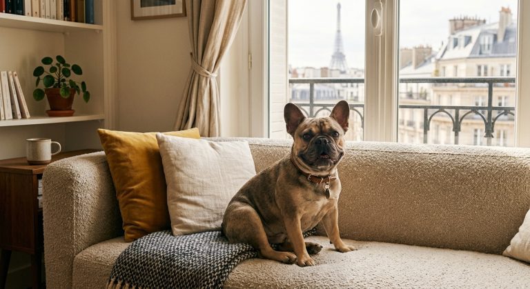 French Bulldog relaxing on apartment couch near city window
