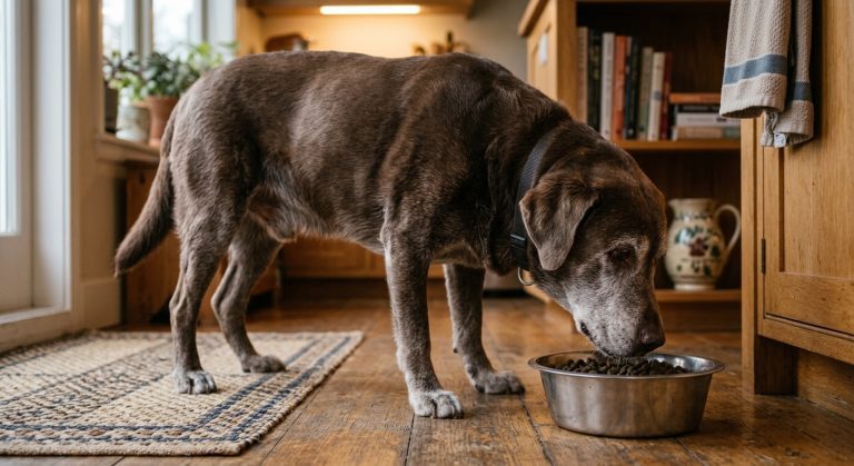 Senior dog eating from a bowl, illustrating best dog food for senior dogs