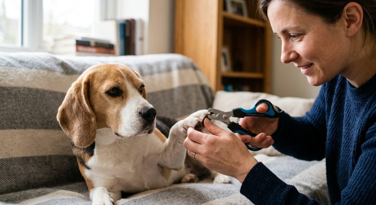 Person trimming dog's nails with scissor-style nail clippers at home