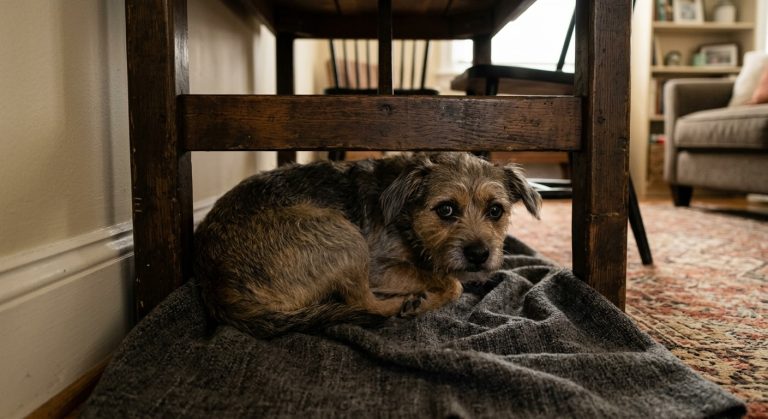 Dog resting comfortably inside a wire dog crate at home