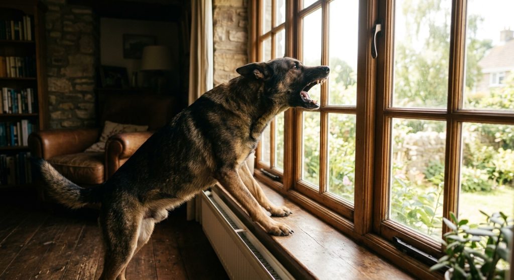 Dog barking at a window illustrating alert territorial barking
