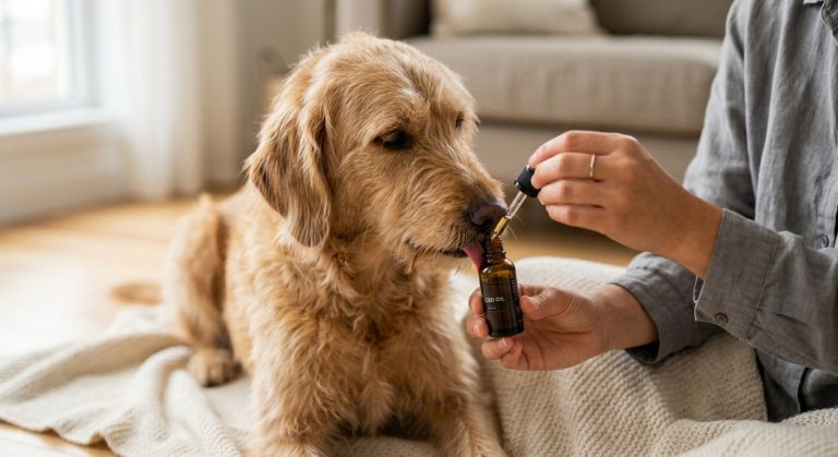Dog with CBD oil dropper bottle for anxiety and pain relief