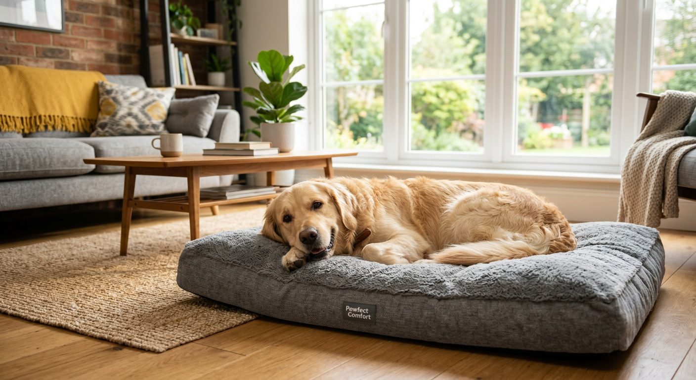 Dog resting comfortably on a foam dog bed in a home setting