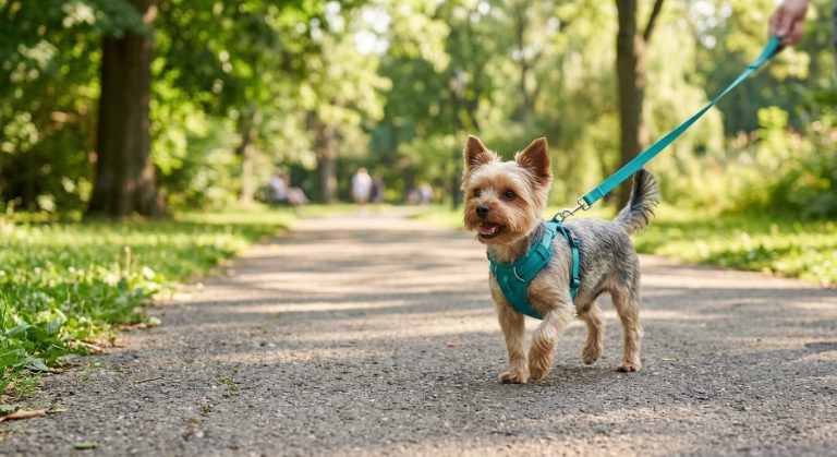 Small dog wearing a fitted harness on a leash outdoors