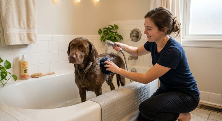 Person bathing a calm dog in a bathtub at home using a handheld sprayer