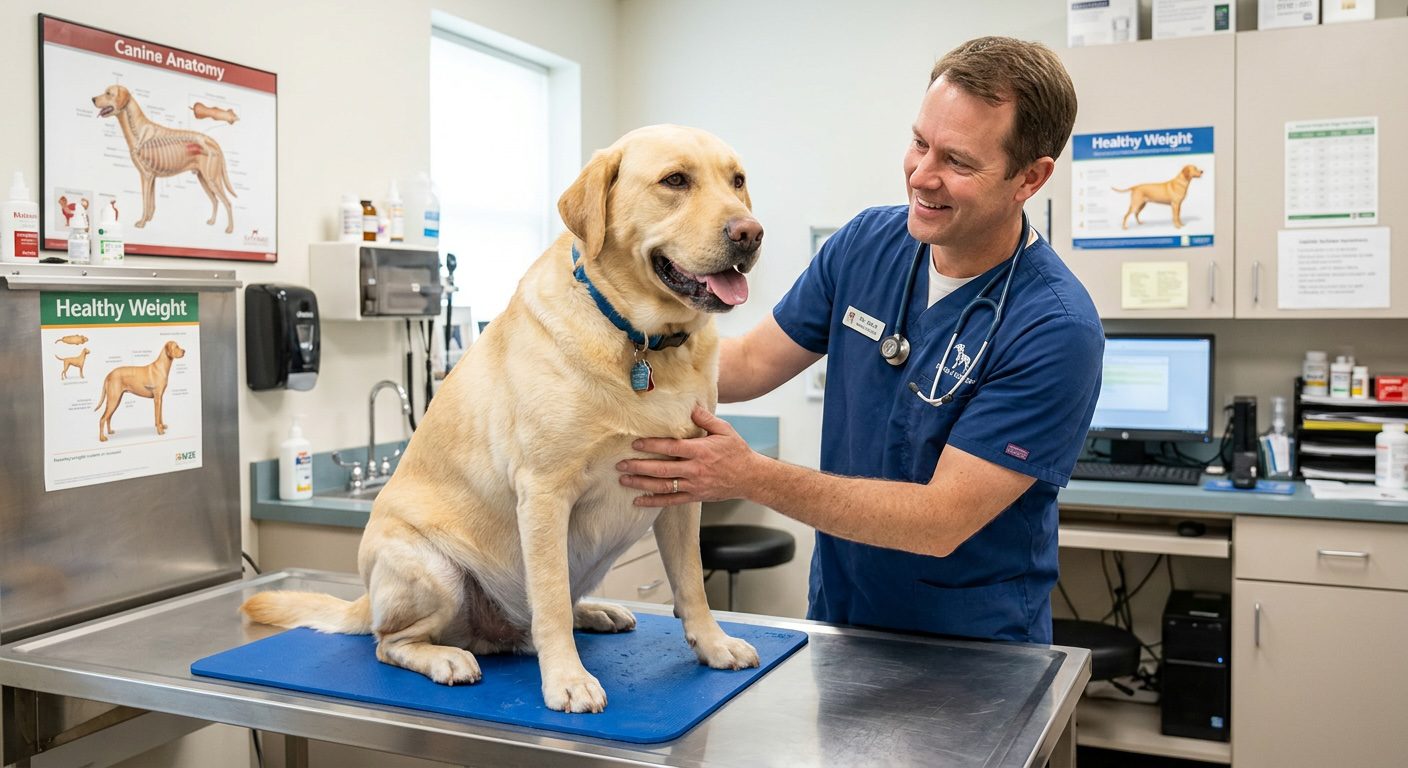 Overweight golden retriever being examined by a vet, checking body condition score