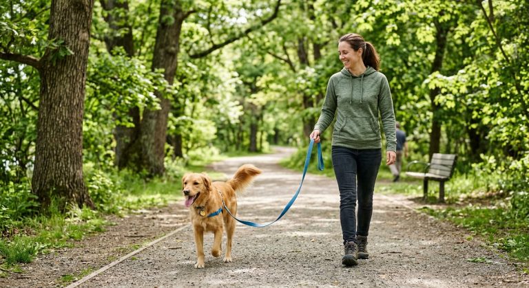 Person walking a dog on a leash along a path, illustrating best dog leash options