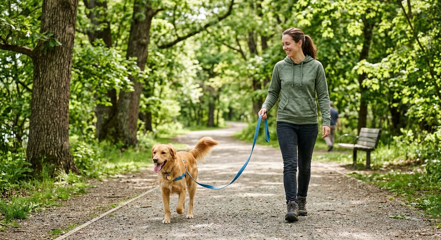 Person walking a dog on a leash along a path, illustrating best dog leash options
