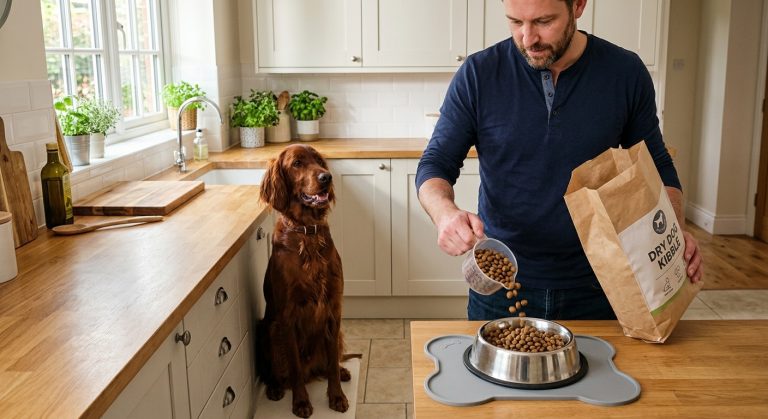 Person measuring correct portion of dog food into a bowl