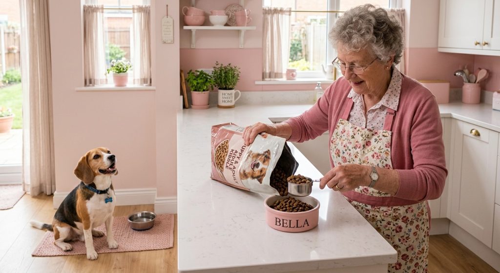 Woman measuring correct portion of dog food into a bowl