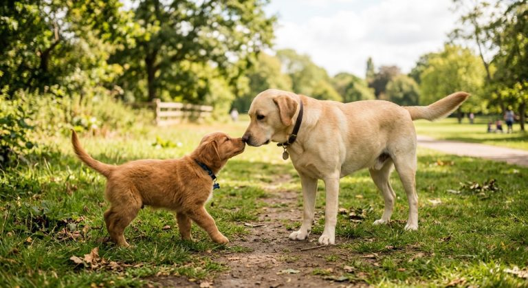 Golden retriever puppy meeting a calm adult dog outdoors, sniffing each other in a park