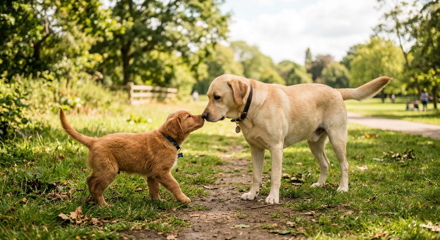 Golden retriever puppy meeting a calm adult dog outdoors, sniffing each other in a park