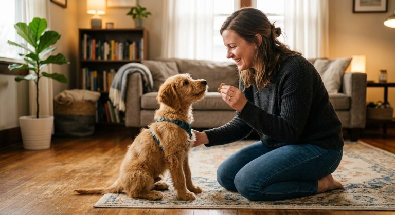 Person training a puppy with treats, the puppy sitting attentively