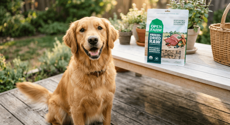 Open Farm dog food product with a healthy dog, illustrating premium ethical pet food