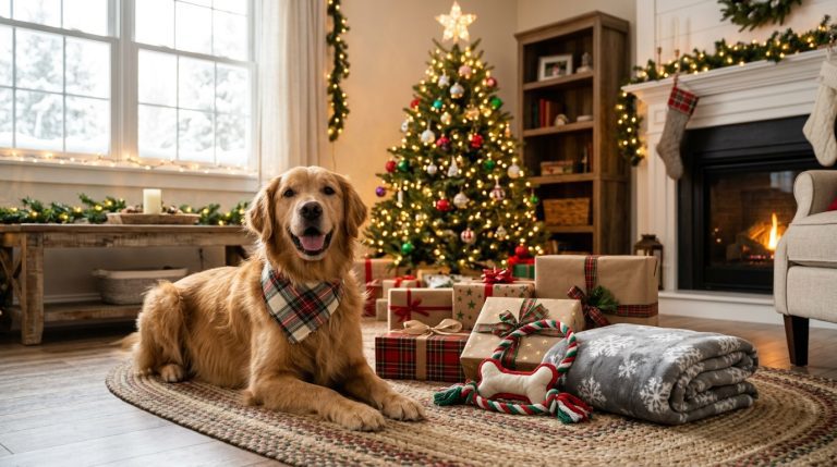 Wrapped gifts for dog owners beside a golden retriever in a holiday living room