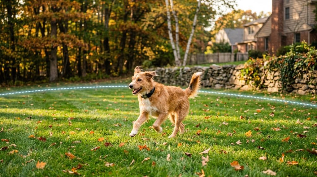 Dog wearing a GPS fence collar in a backyard with a virtual boundary line
