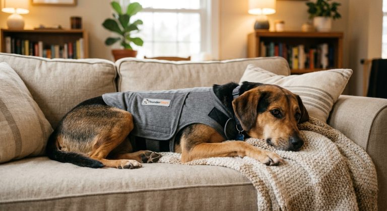 Dog wearing a grey ThunderShirt anxiety vest lying calmly on a couch