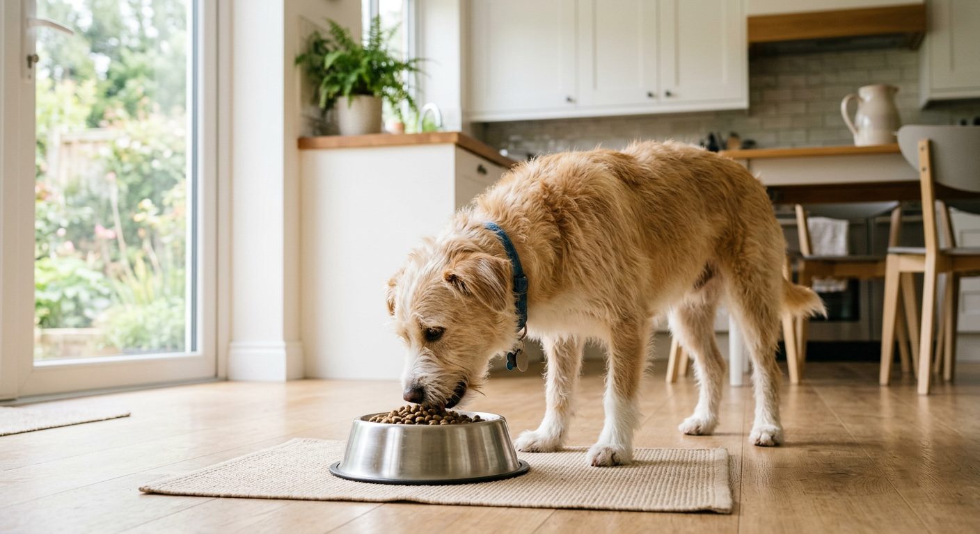 Golden retriever eating from a stainless steel bowl of sensitive stomach dog food